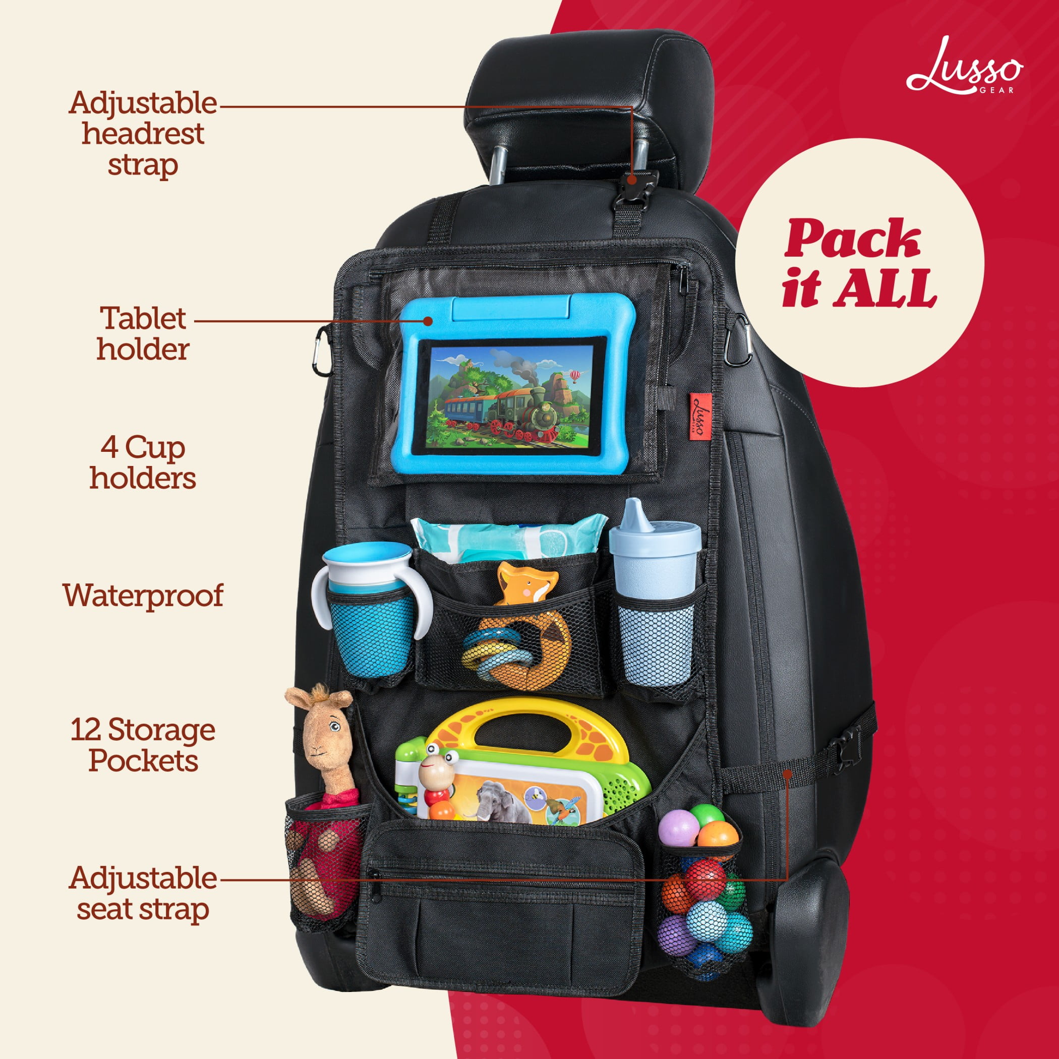 Lusso Gear | Back Seat Organizer & Tablet Holder for Car | Large & Durable 12 Compartment Travel Storage | Display Movies, Store Toys, Books & Snacks for Kids | Large, Black