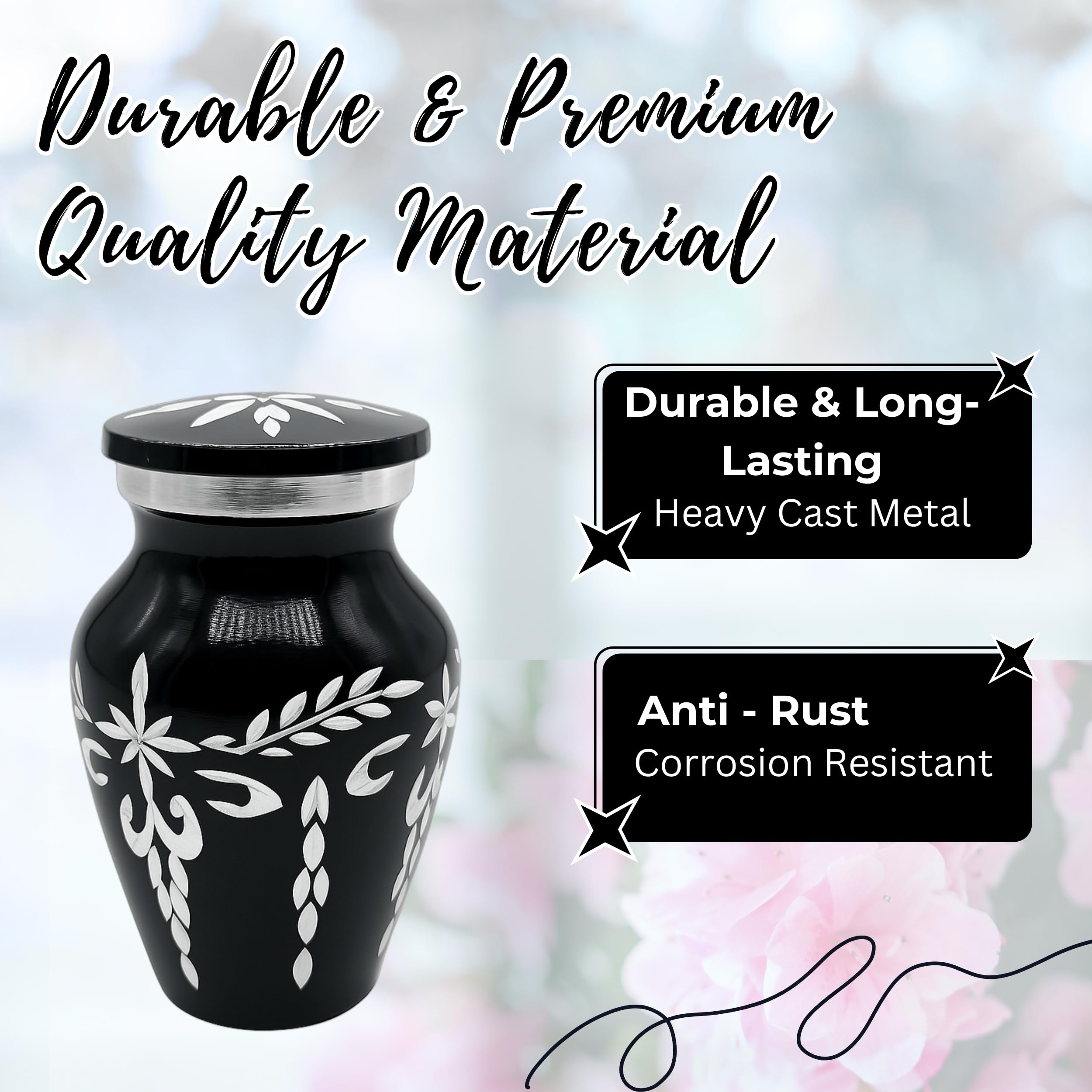 Nova Niche Black Small Cremation Urn for Human Ashes – Handicrafted Memorial Keepsake with Velvet Box.(3"cu.in)