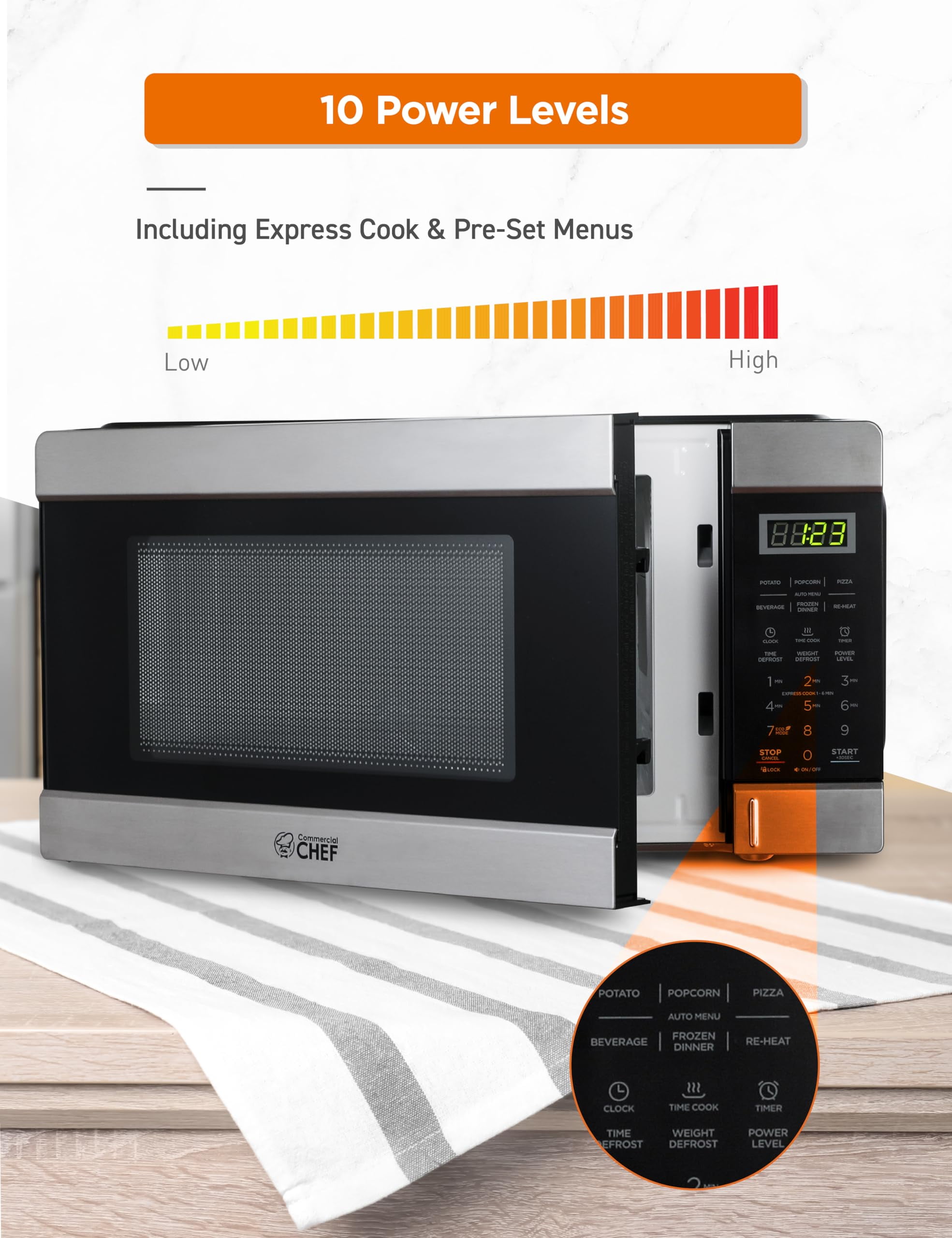 Commercial Chef Countertop Microwave, 1.1 cu. ft., Black With Stainless Steel Trim
