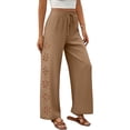 thumbnail image 4 of Maqroz Women's Drawstring Elastic Waist Wide Leg Pants Side Cutout Floral Detail Boho Casual Trousers Loose Summer Beach Pants Flowy Vacation Daily Outfit, 4 of 6