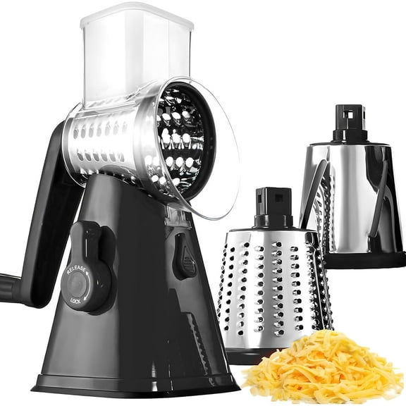 Rotary Cheese Grater with Handle, Cheese Grater Hand Crank, Fast Cutting Grater for Kitchen with 3 Interchangeable Blades, Vegetable Slicer
