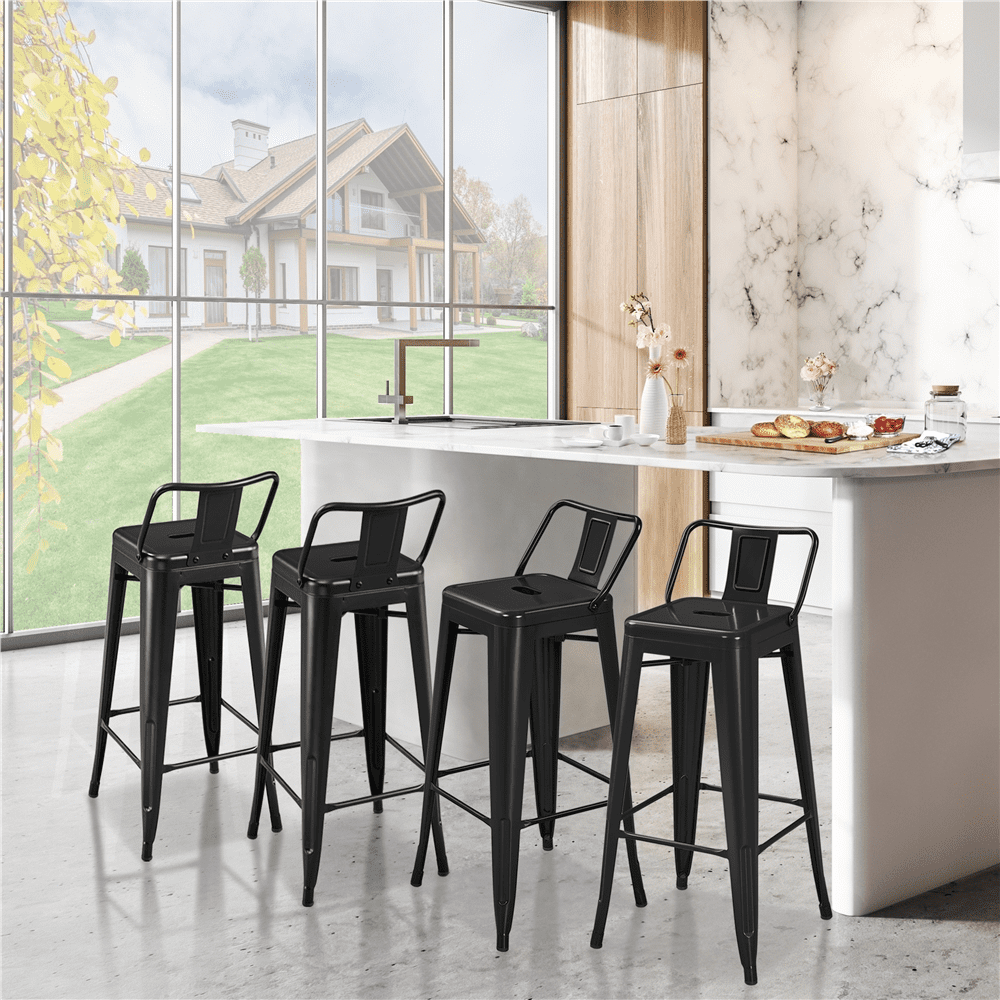 Alden Design 30″ H Metal Counter Height Bar Stools with Low Back for Home, Set of 4, Black