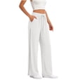 thumbnail image 4 of Mifsaly Linen Drawstring Pants Women Crochet Side Cutout Detail Wide Leg Casual Summer Pant Lightweight Flowy Vacation office Lounge Outfits with Pockets White,M, 4 of 7