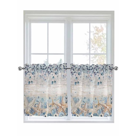 Blue Beige Coastal 2 Panel Kitchen Curtains for Small Windows, Beach Starfish Summer Eucalyptus Vintage Bathroom Tier Curtain, Short Window Treatment for Bedroom/Living Room 55"x24"