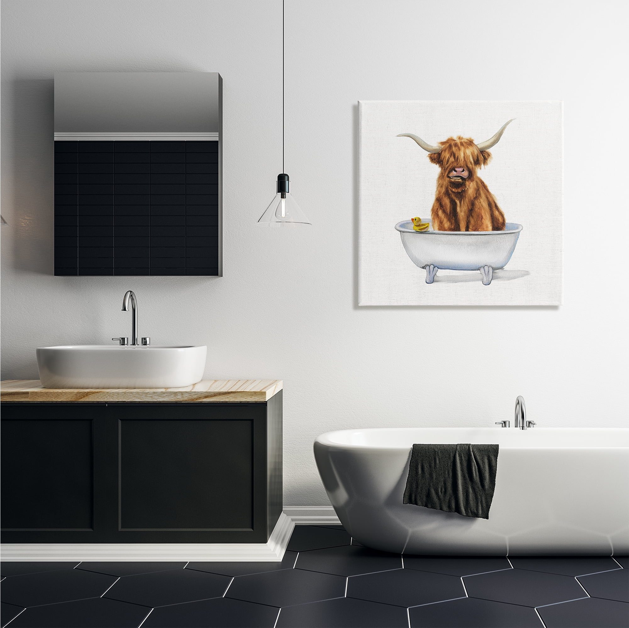 Stupell Industries Shaggy Country Cattle in Bathtub Rubber Duck Animals & Insects Painting Gallery Wrapped Canvas Print Wall Art, 30 x 30