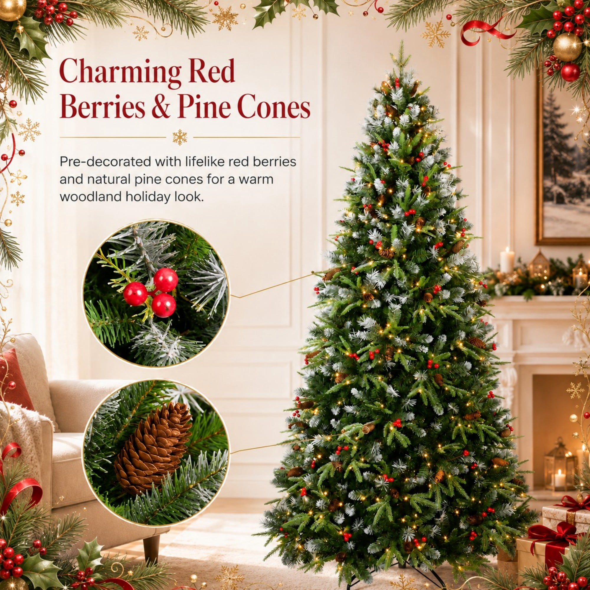 DEALTOPS 9 FT Pre-Lit Snow-Tipped Christmas Tree with Red Berries, Pine Cones, 750 Warm White LEDs & 3750 Tips