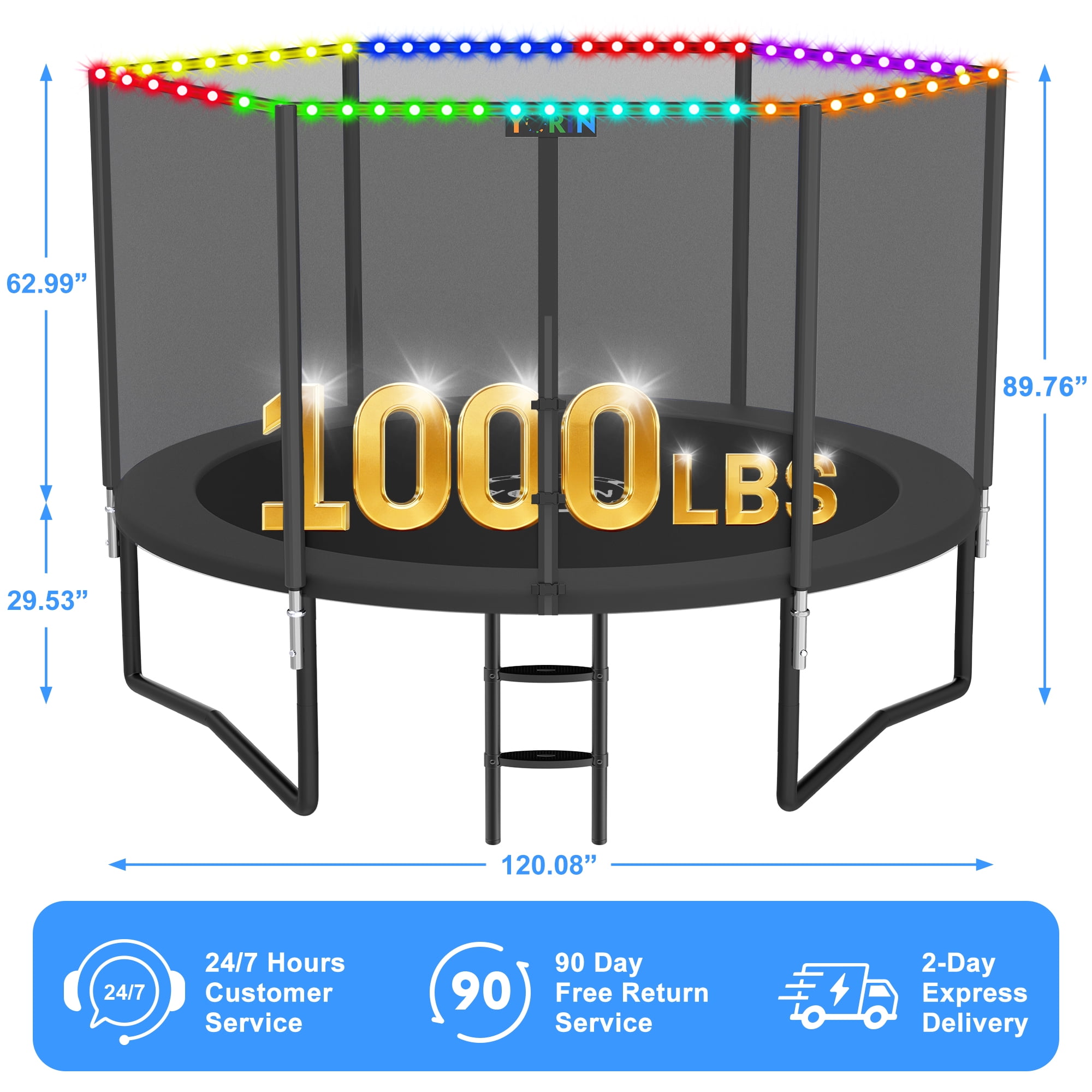 YORIN 10FT 8FT 12FT 14FT Trampoline with Enclusore Net, Sprinkler & LED Lights, 1000LBS Capacity Outdoor Trampoline for 3-4 Kids, Safety Enclosure Net, Ladder, Heavy-Duty Backyard Round Trampoline