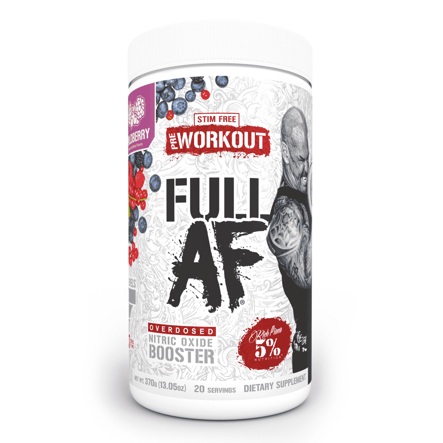 5% Nutrition Full AF Pre-Workout Stim-Free Powder Supplement, Caffeine-Free Max Pumps, 20 Servings (Wildberry)