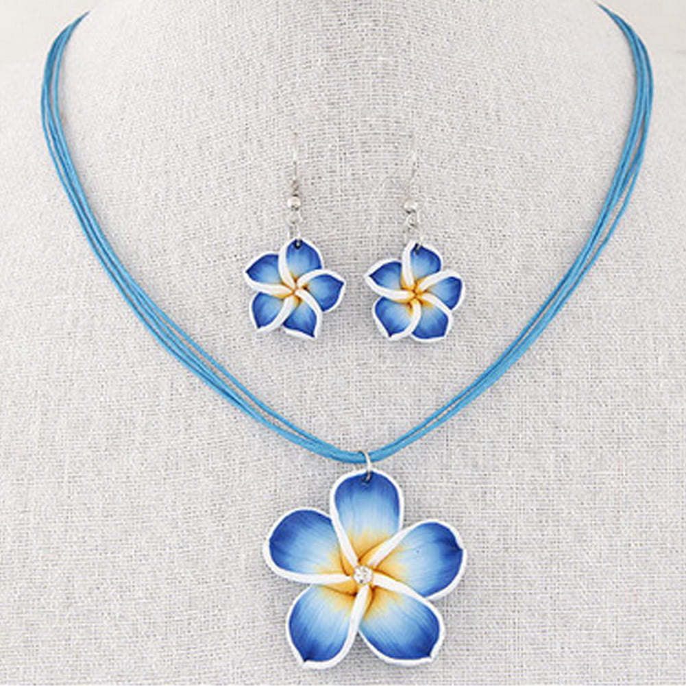Lady's Summer Beach Hawaiian Blue Frangipani Flower Necklace&Earring Jewelry Set