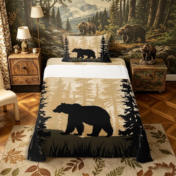 Castle Fairy Safari Bear Twin Sheets 3pcs,Woodland Animal Bedding,Black Cream,1 Fitted Sheet, 1 Flat Sheet and 1 Pillowcase