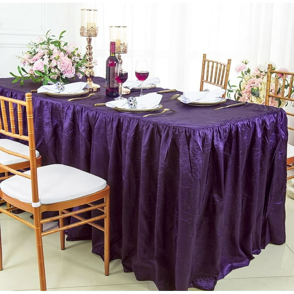 Wedding Linens Inc. 8' (96"x30") Rectangular Ruffled Fitted Crushed Crinkle Taffeta Tablecloth With Skirt - Eggplant