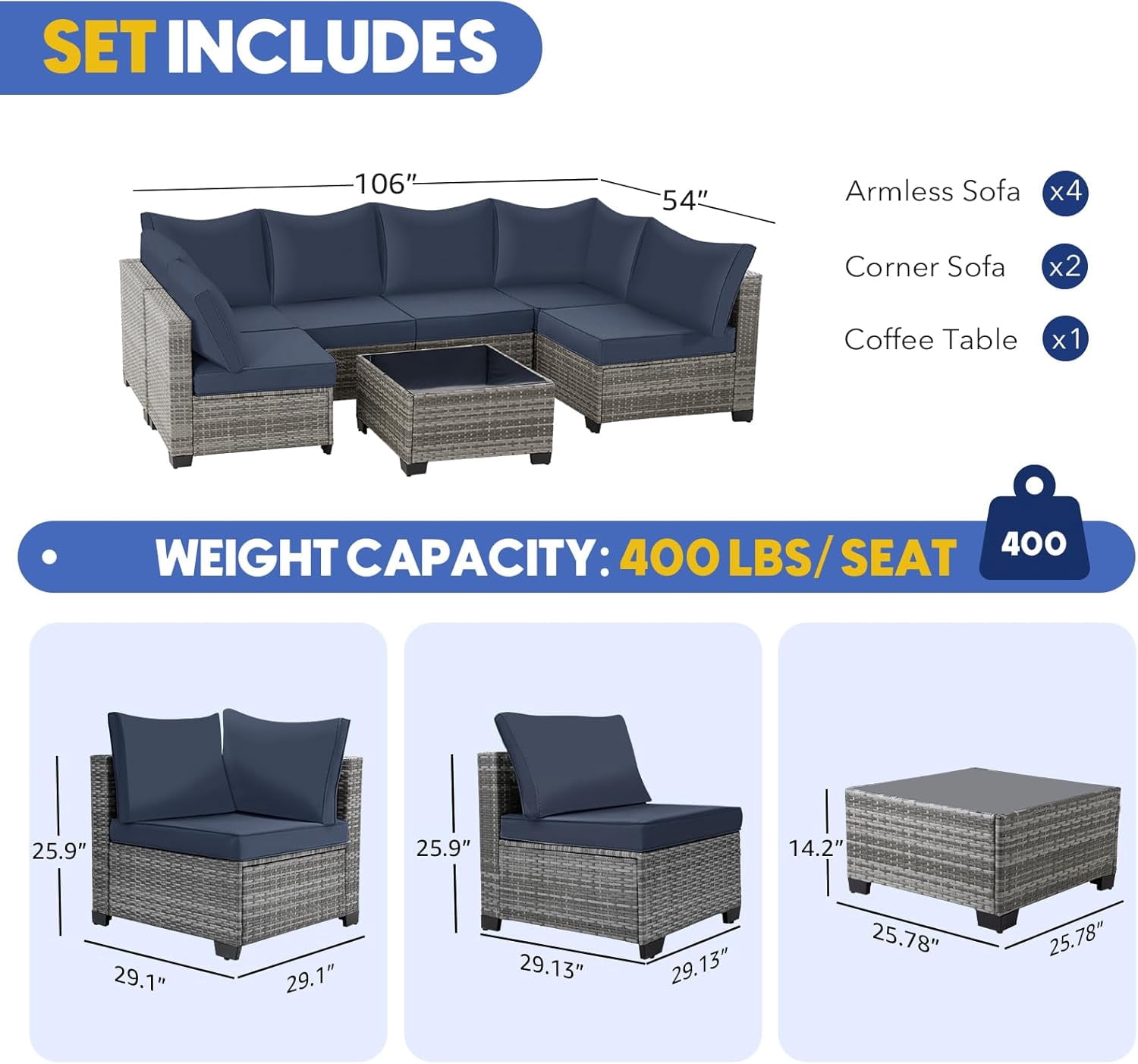 YIORTWO 7-Piece Outdoor Patio Furniture Set, PE Wicker Sectional Conversation Sofa Set with Glass Coffee Table, Weather-Resistant Cushions for Patio, Garden, Backyard