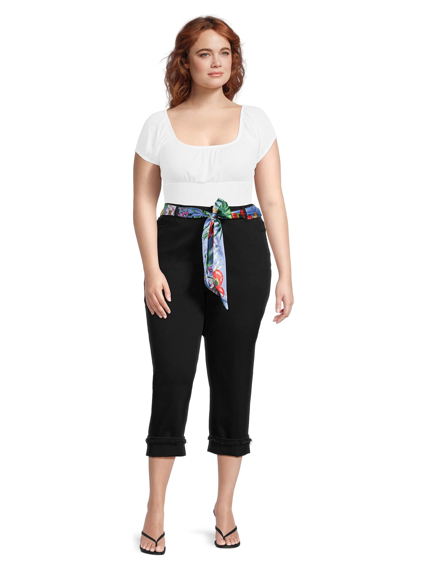 Alivia Ford Women's Plus Size Roll Cuff Denim Capri Jeans with Printed Belt  