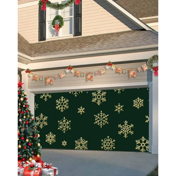 Garage Door Banner Cover 7 x 16 ft, Christmas Snowflakes Texture Green Background Christmas Garage Door Decorations Holiday Christmas Backdrop Decor for Winter New Year Xmas Party
