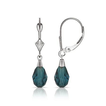 - 14k White Gold Blue Zircon 9x6mm Crystal Pear Drop Leverback Earrings - Measures 29x6mm
