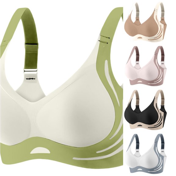 XFeng Women Seamless Wire Free Bralette, Contrast Cutout Wide Strap V Neck Comfort Support Bra