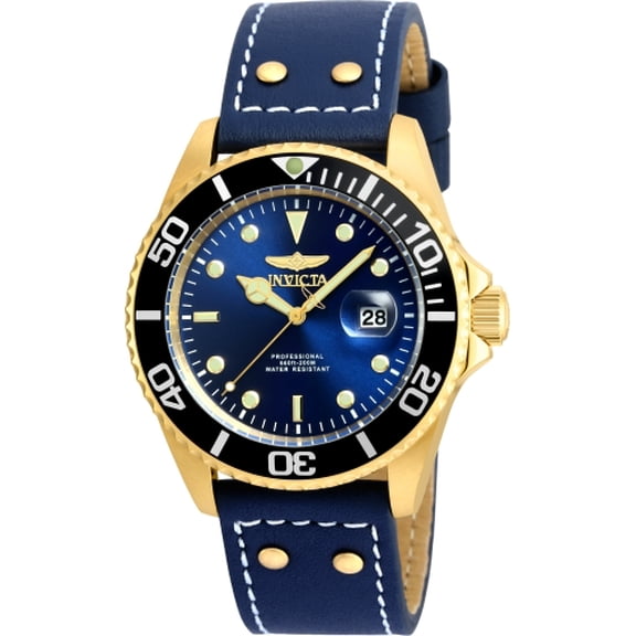 Men's 22076 Pro Diver Quartz 3 Hand Gold SS Blue Dial Leather Watch