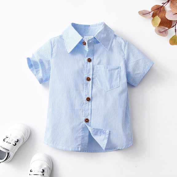 SOFTCCLO Boys Shirts Short Sleeve Lapel Collar Button Down Tops Striped Back to School Dressy Stylish Casual Kids Shirts Size 3-4Y