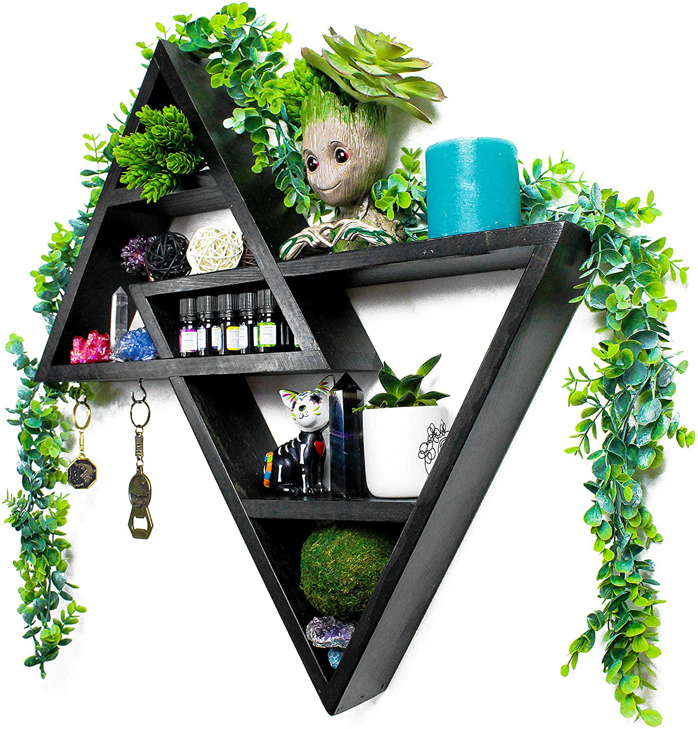 Black, Left Triangle Up Rustic Curiosities Large Triangle Shelf Essential Oils and More 24.5 X 23 Inches Crystal Display Shelf for Stones