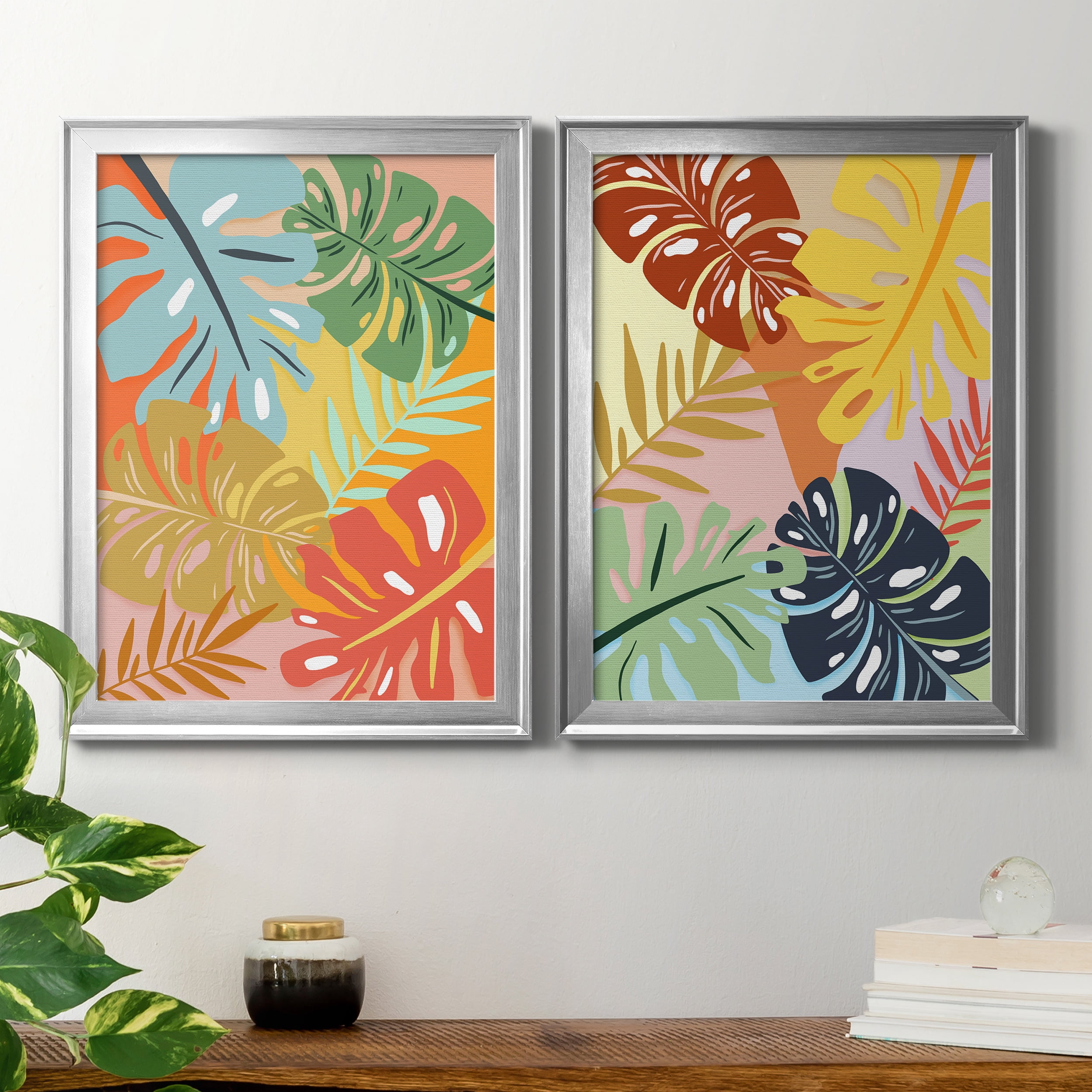 2 Piece Set Tropical Foliage I Premium Framed Canvas - Ready to Hang - 22.5 x 30.5 Each - Silver Frame