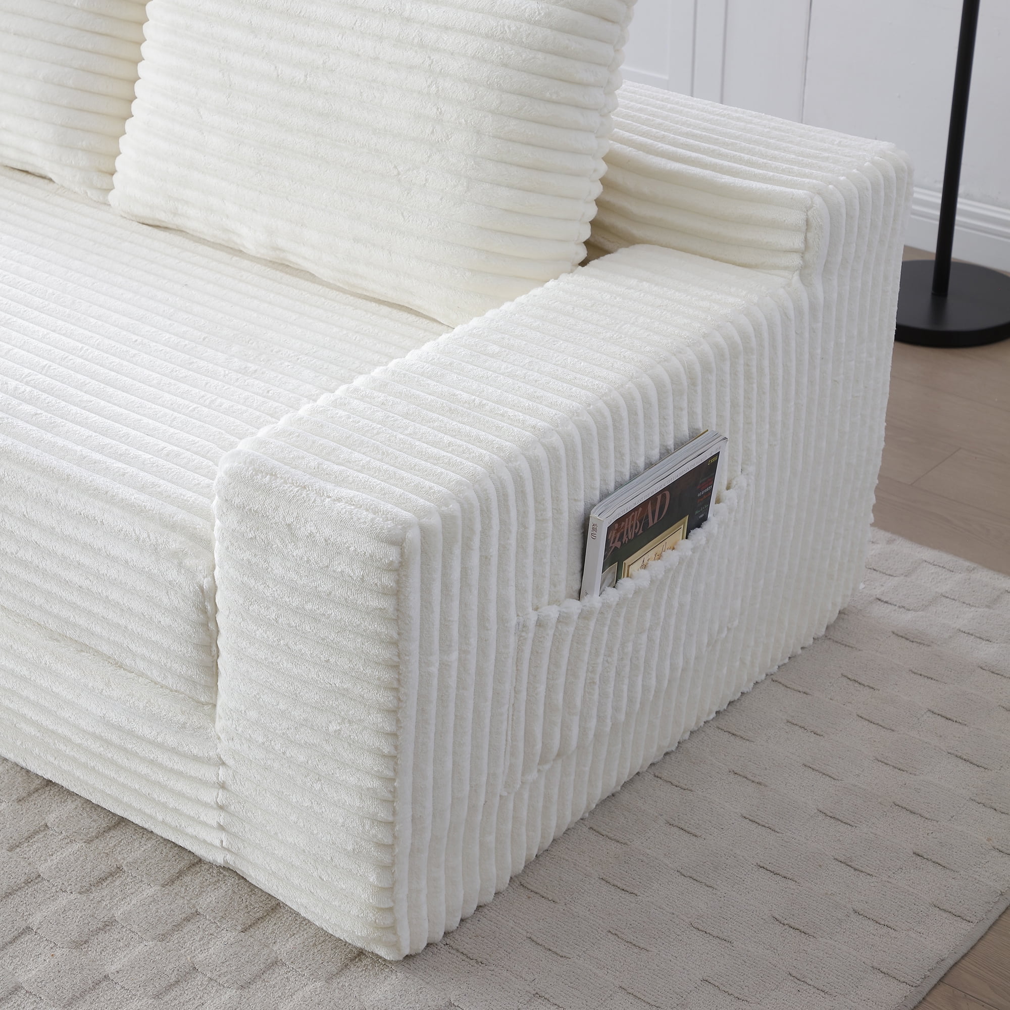 Foam Filling No Assembly Oversized 3-Seater Loveseat Sofa, 2-in-1 Convertible Folding Couch, Corduroy Floor Chaise Lounge Bed