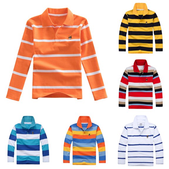 RMGVDSD Boys Casual Striped Polo Shirt Long Sleeve Fashion Tee Shirts Button Closure School Uniform Tops For Kids 7-8 Years