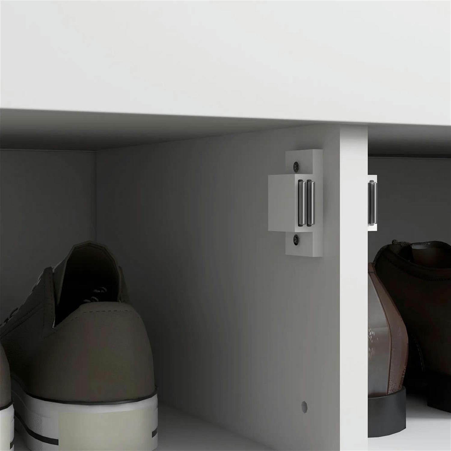 Demi Bonn 35" Modern Entryway Bench with Cushion, Hidden Storage, Shutter Doors, Adjustable Shelves, White