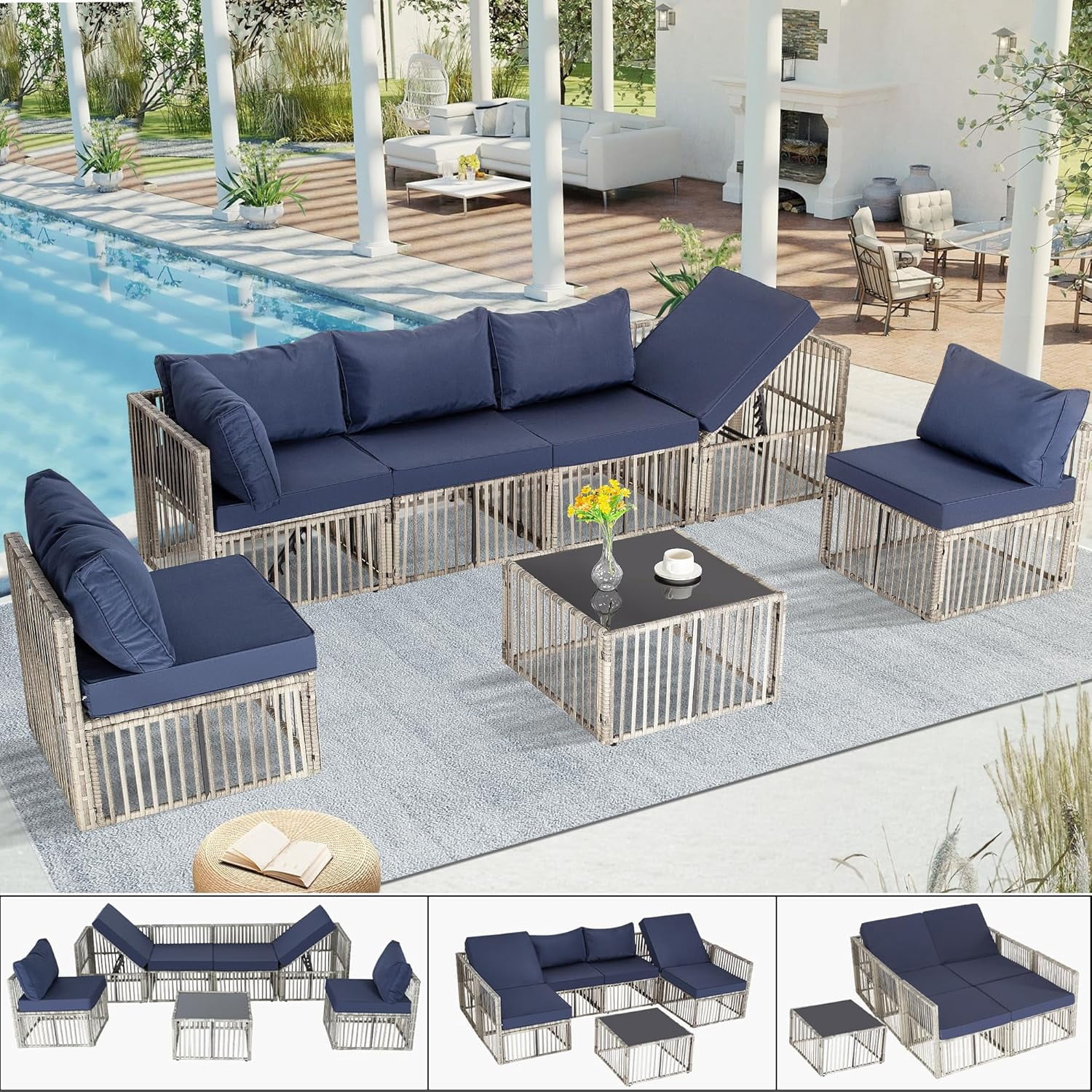 Ainfox 7 Pieces Outdoor Wicker Patio Furniture Set, Adjustable Backrest Sectional Conversation Couch with Thick Cushions & Coffee Table for Garden Porch Poolside, Gray/Blue