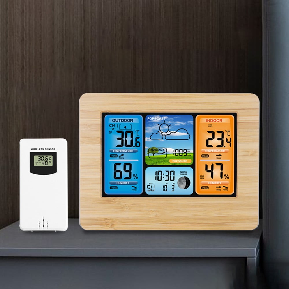 Wireless Weather Station with Outdoor Sensor, Digital Alarm Clock, Temperature Humidity Monitor, Moon Phase Display, 24-Hour Pressure Trend