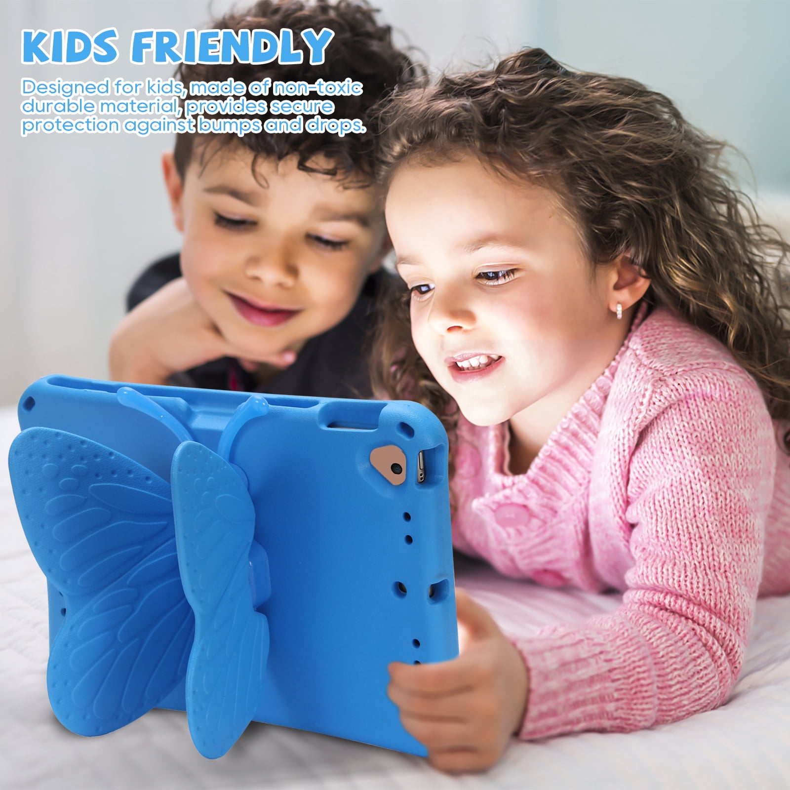 Kids Case for Apple iPad 9th 8th 7th Generation 2021/2020/2019 10.2 Inch, iPad Air 3rd Gen 10.5" Case, Cute Butterfly Rotating Stand Lightweight Kids Friendly Shockproof Case with Pencil Holder,Blue