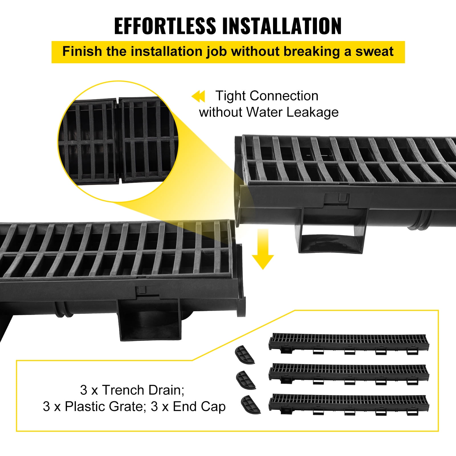 KFFKFF Trench Drain System Channel Drain with Plastic Grate 5.8x3.1" HDPE Drainage Trench, Black Plastic Garage Floor Drain 3x39" Trench Drain Grate