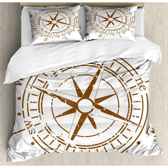 Compass Duvet Cover Sets, Navigation Device of The Age of Discovery Windrose Faded Design Boating Control, Bedding Set with 1 Duvet Cover & 2 Pillowcases, Pale Brown