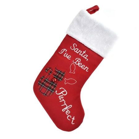New Fur Felt - Plaid Cat with Bell Felt Christmas Stocking with Faux Fur Cuff, Red, 17-1/2-Inch