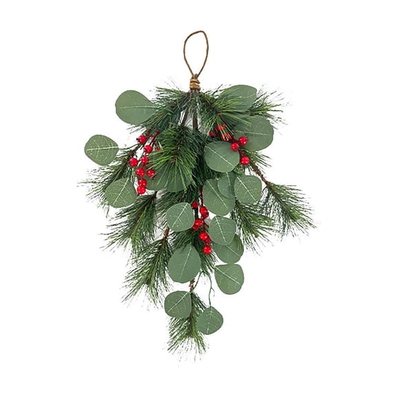 FEISHENTT Christmas Cedar Garland Teardrop Handmade Wreath With Bowknot Red Berries And For Home Holiday