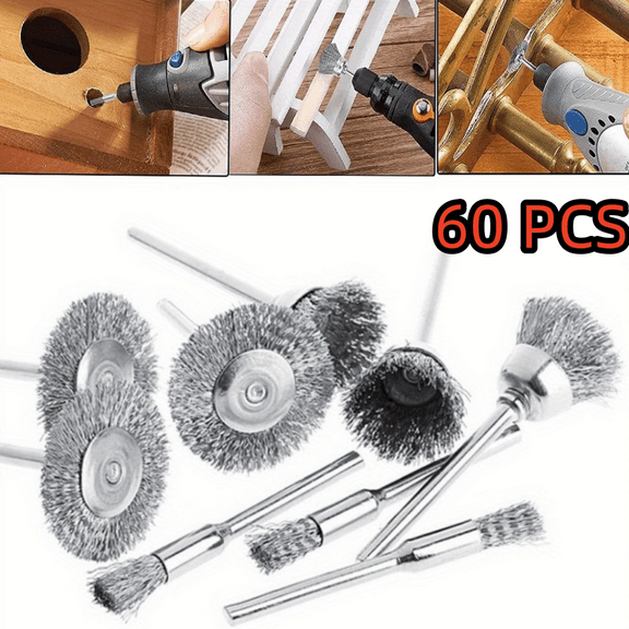 60 Pieces Stainless Steel Wire Brushes, Wire Brush Wheel, Steel Wire Polishing Wheel Kits for Dremel Rotary Tools