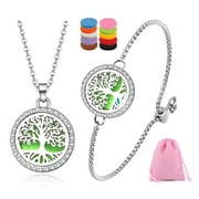 Tree of Hope Stainless Steel Aromatherapy Locket Adjustable Bracelet and  Necklace Set ，Free  30 Refill Pads Essential Oil Diffuser ， for Girls and Women