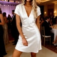 thumbnail image 3 of Elegante Vestido Corto de Manga Corta con Cuello en V de las Mujeres Mini Vestido de Satén Elástico, Pantalones Cortos de Vestido de las Mujeres, 3 of 5