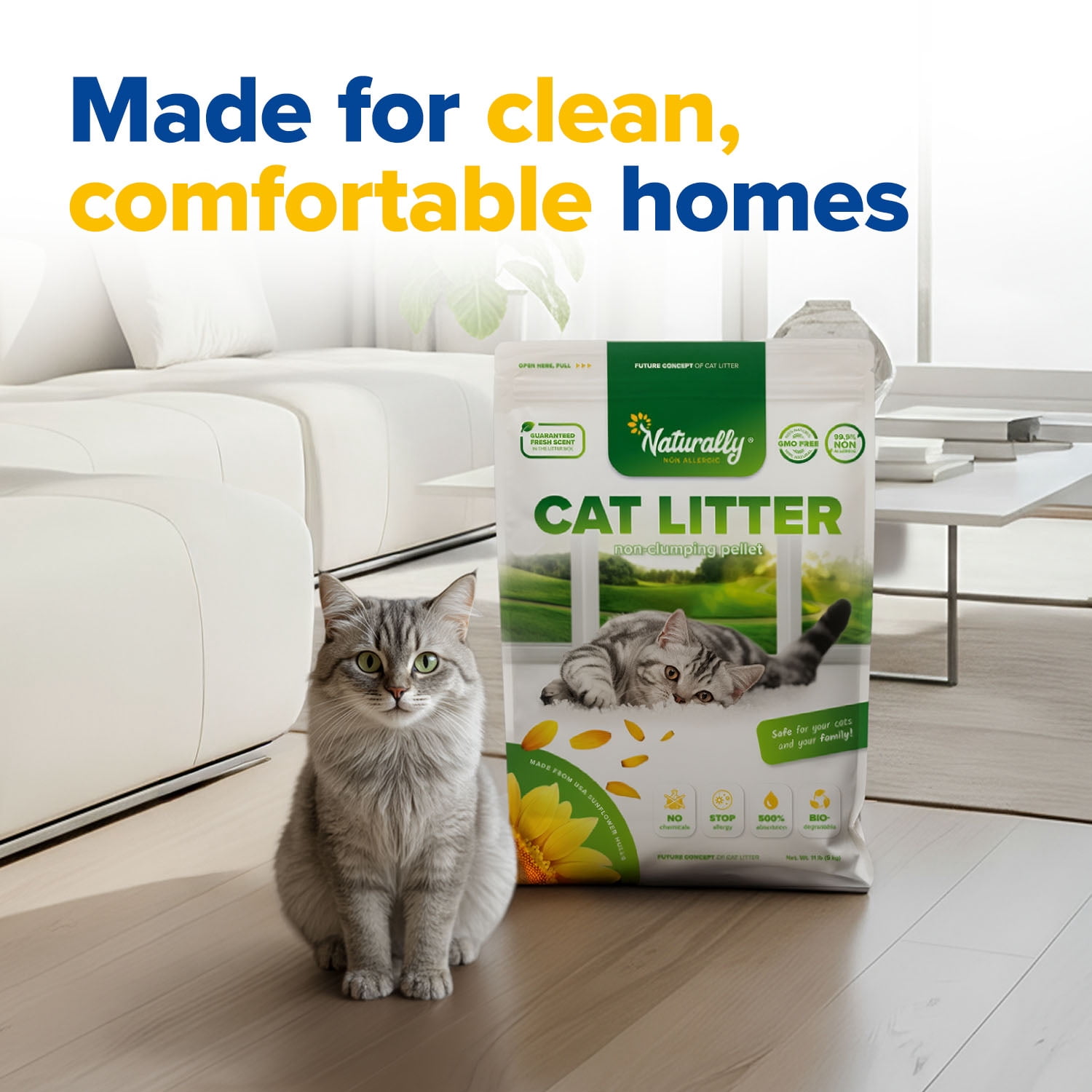 Natural Non-Clumping Cat Litter Pellets, Sunflower Hull Formula with Natural Ingredients, Strong Odor Control, 11 lb