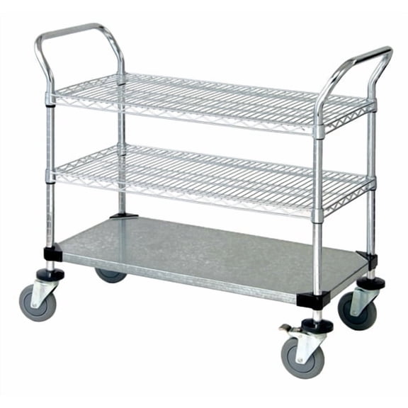 18" Deep x 36" Wide x 39" High 3 Tier Heavy Duty Chrome Wire Utility Cart with 2 Wire Shelf & 1 Solid Shelf