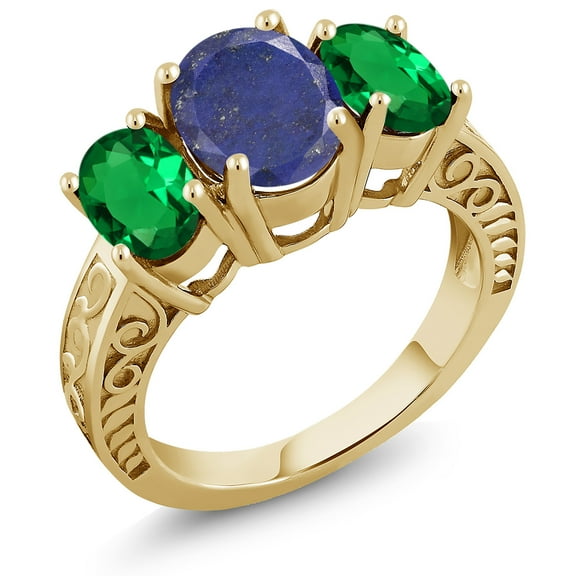 Gem Stone King 3.20 Ct Oval Blue Lapis Green Nano Emerald 18K Yellow Gold Plated Silver Ring (Size 6)