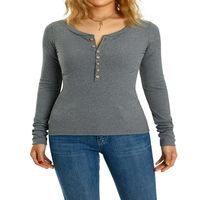 Women‘s Long Sleeve V Neck Buttons Casual Shirt Spring Fall Knitting Pullover Tops
