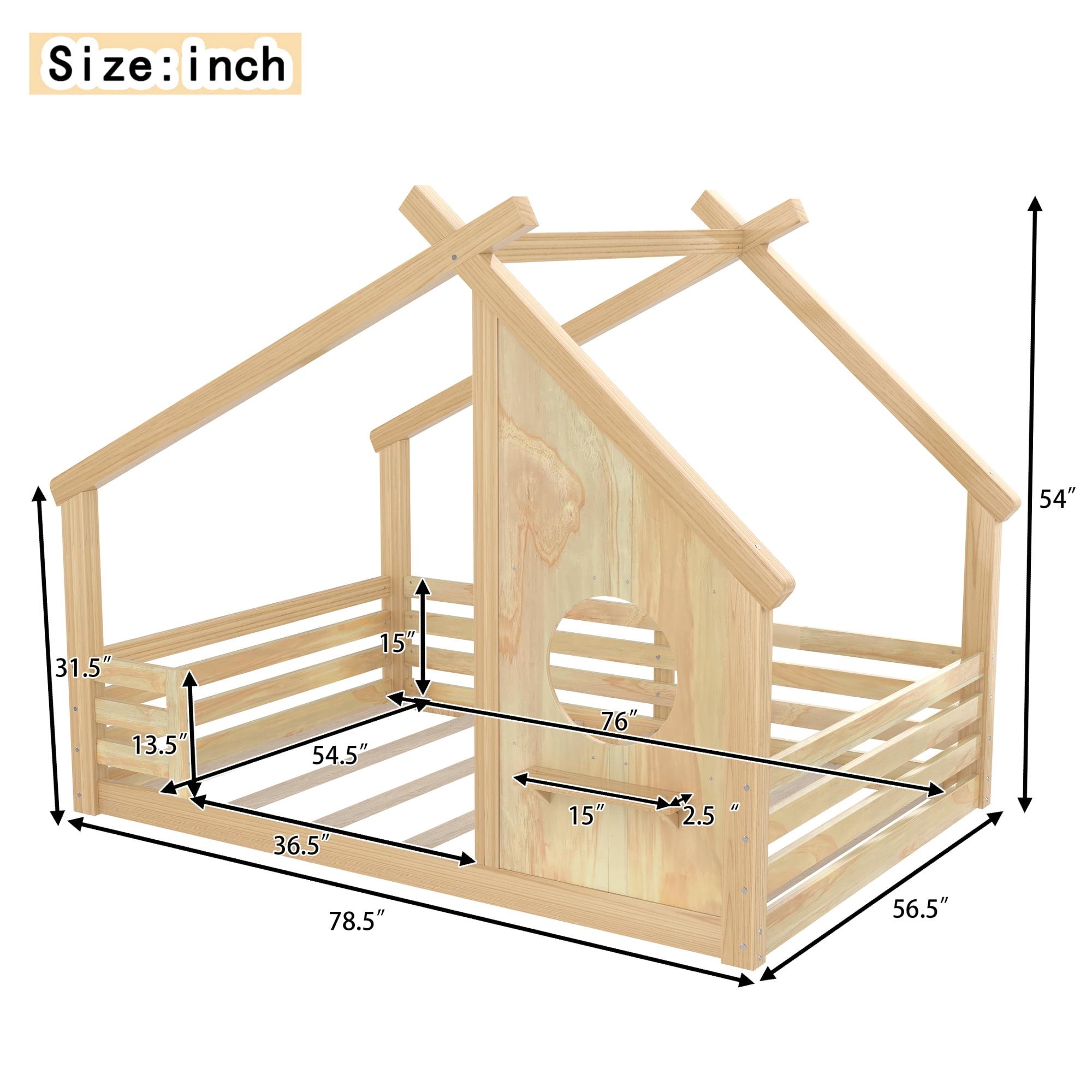 Jopath Full Size House Floor Bed with Window and a Small Shelf, Solid Wood Floor Bed with House-shaped Roof for Boys Girls Natural