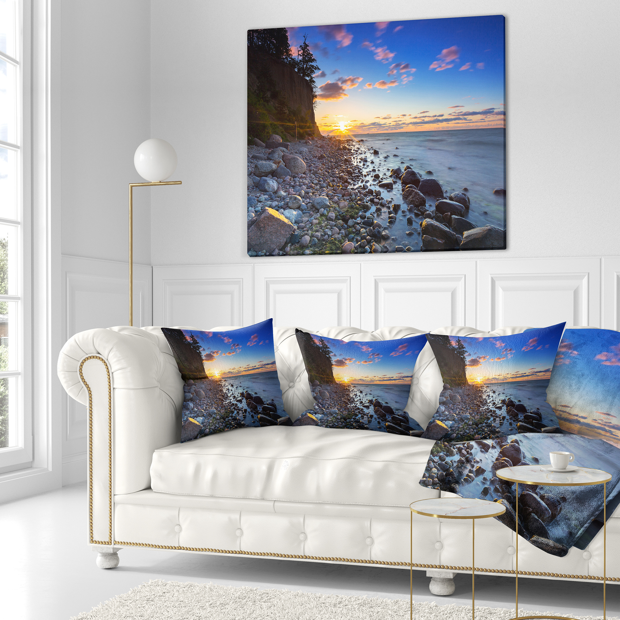 Designart Baltic Sea and Orlowo Cliff at Sunrise - Seascape Throw Pillow - 16x16