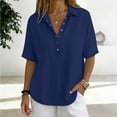thumbnail image 2 of Women Button Front Lapel Short Sleeve Shirt Casual Solid Top,Dark Blue,2XL, 2 of 3