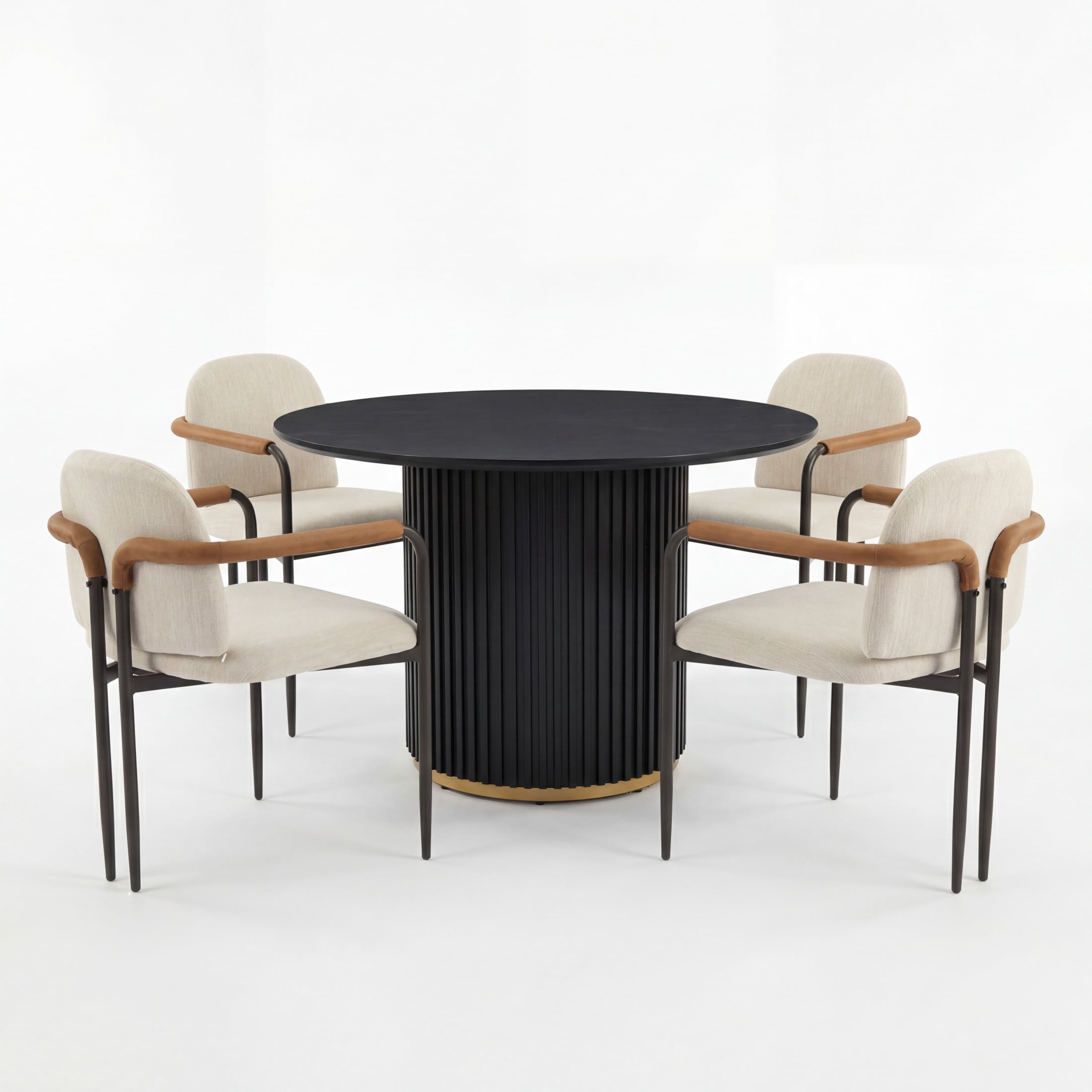Christopher Knight Home Modern Dining Set for 4, Black Round Table with Iron Frame Chairs, Beige Fabric