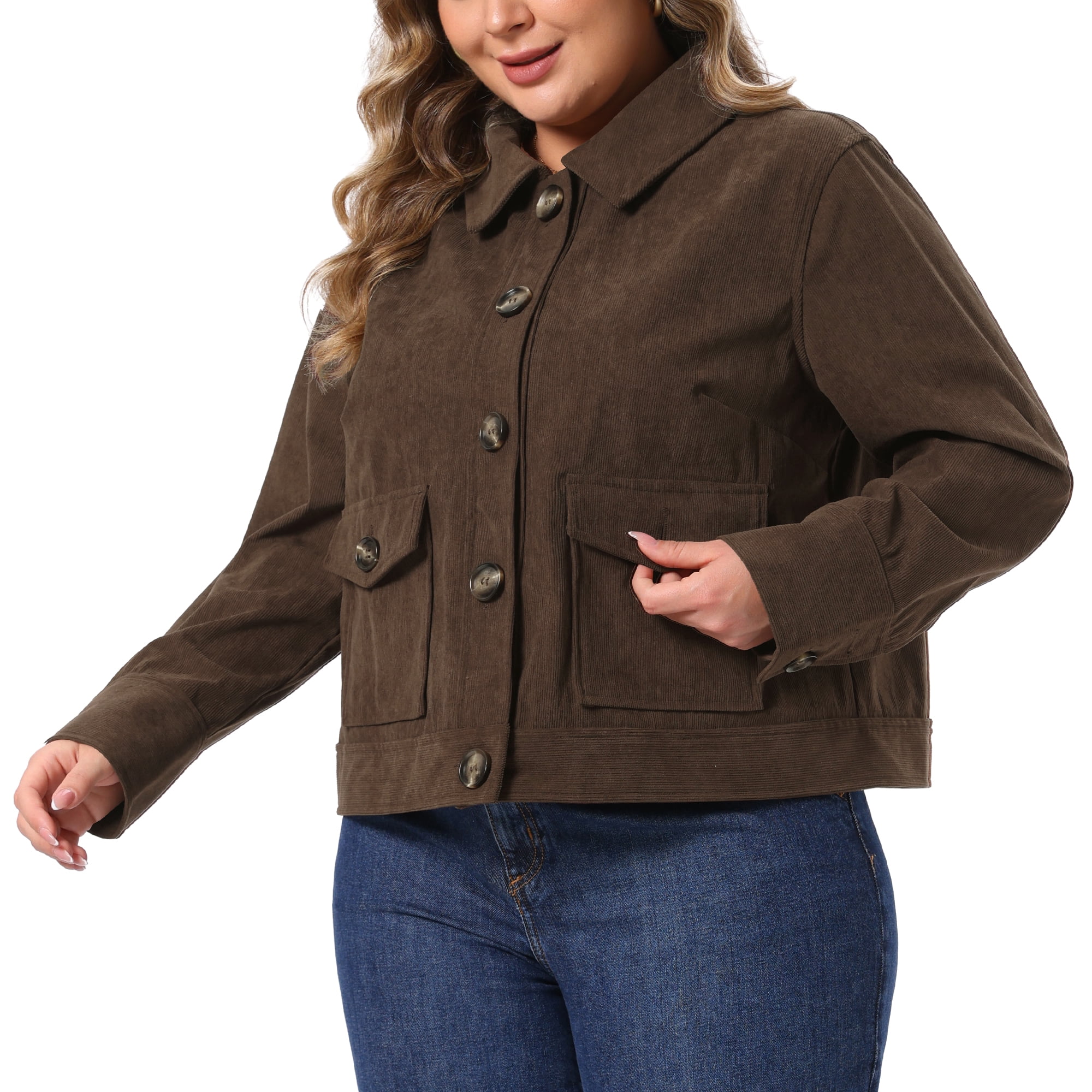 DARING DIVA Women's Plus Corduroy Long Sleeve Button Pockets Jacket 4X Dark Brown