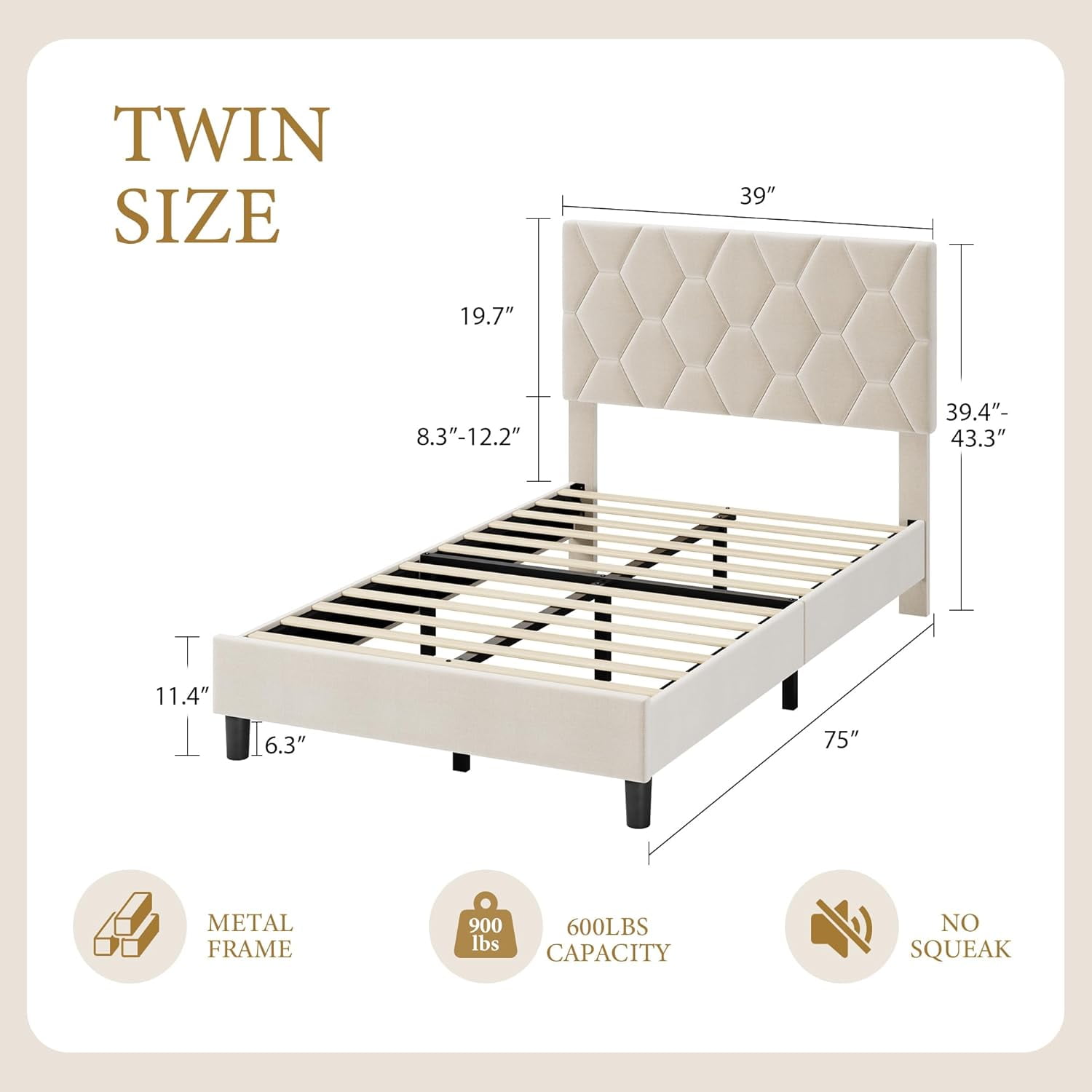 Rugerasy Twin Size Bed Frame with Upholstered Headboard,Heavy-Duty Platform Bed Frame with Strong Wood Slats,No Box Spring Needed/Noise Free/Easy Assembly,Beige