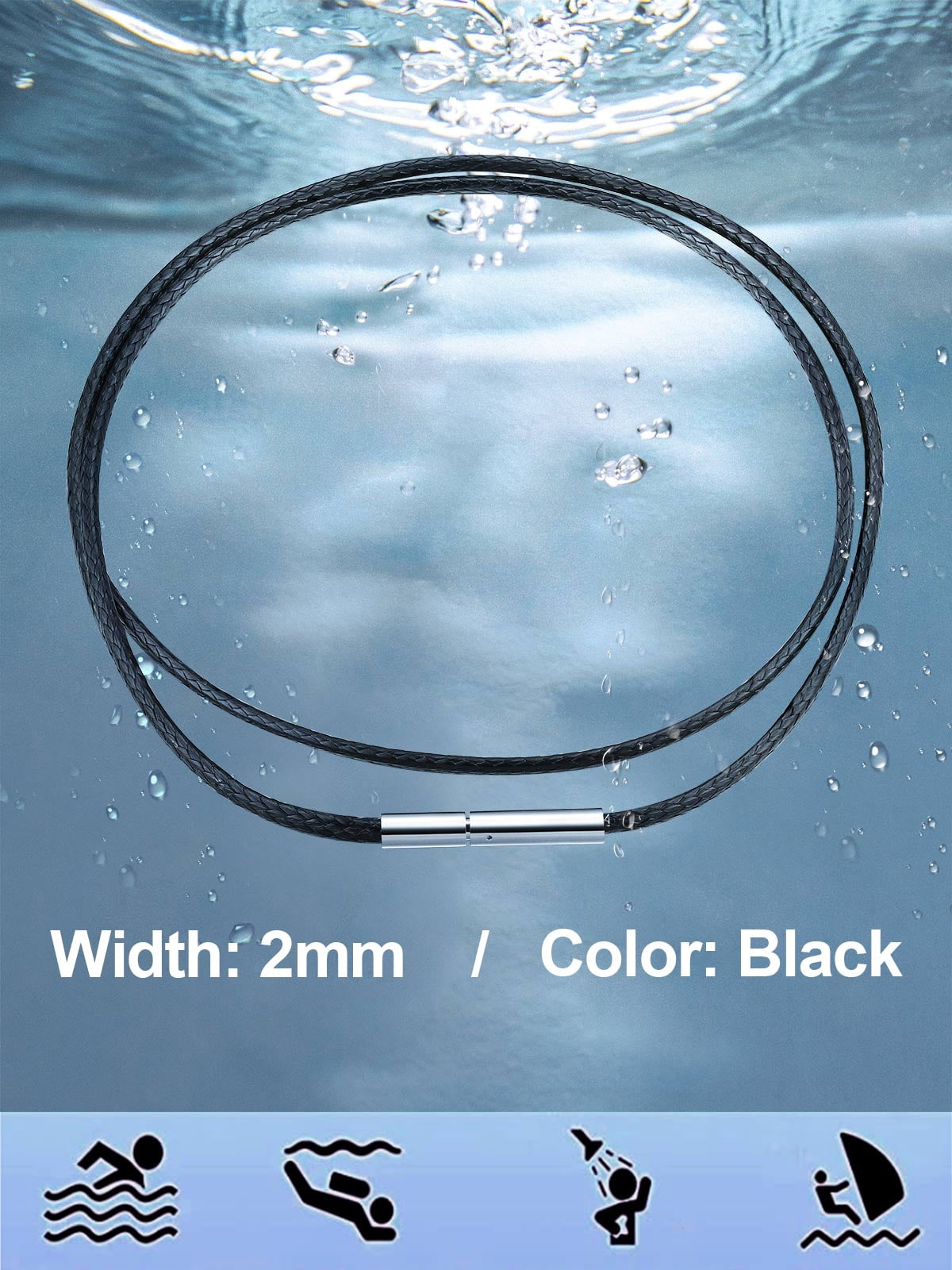 FindChic Men Waterproof Black Leather Cord Necklaces, Stainless Steel Chain Necklace 2mm Width 16-30 inch Waxed Rope Chain to Match Pendant for Dad Son, with Gift Box