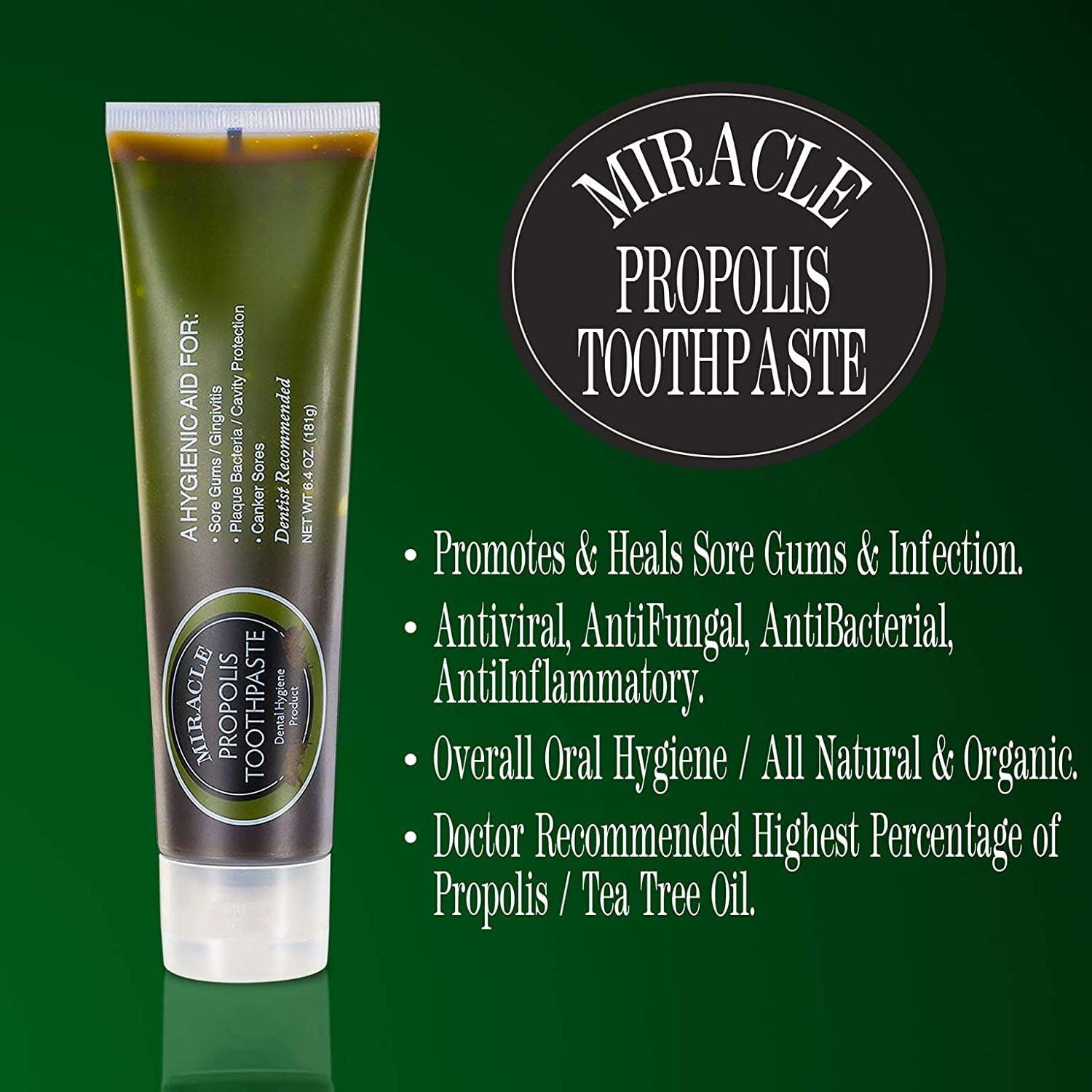 2 Pack Miracle Propolis Toothpaste + Tea Tree Oil, No Fluoride Max Strength Large Tube 6.4oz x 2
