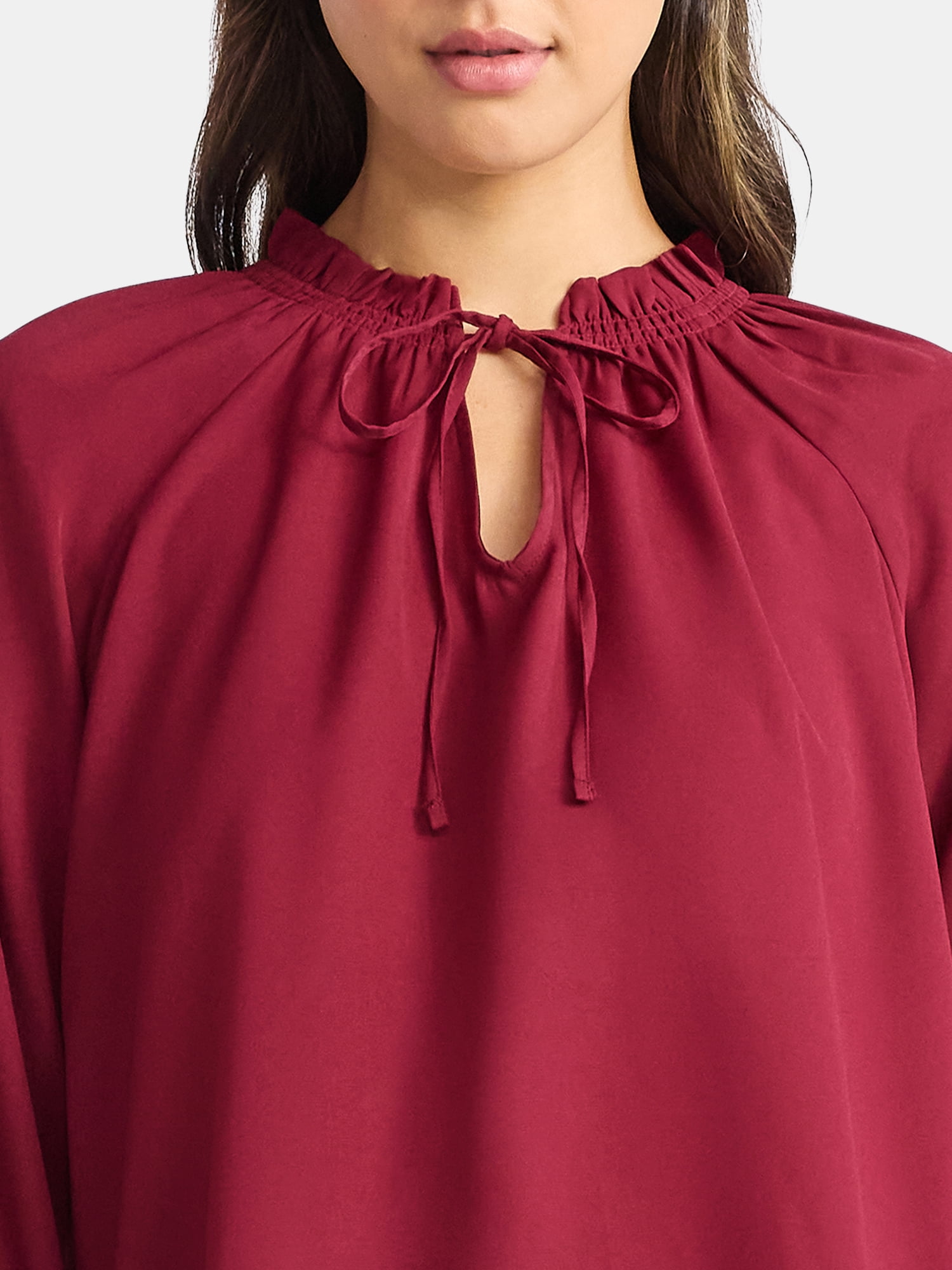 Time and Tru Women's Ruffle Neck Blouse with Long Sleeves, Size XS – XXXL